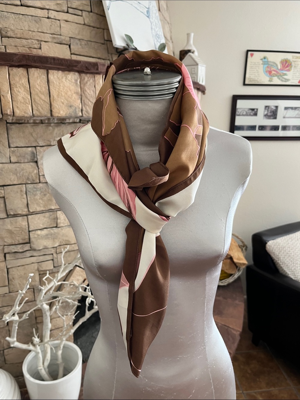 Brown, Cream & Pink Floral Women's Scarf
